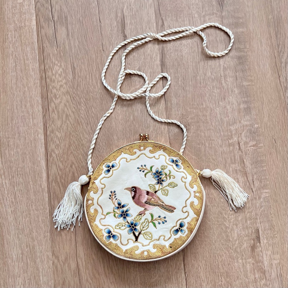 Vintage Embroidered Bird Bag - Gold and Cream